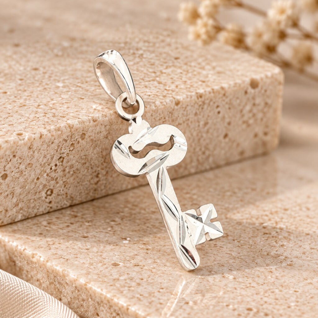 Silver Diamond-Cut Key Pendant