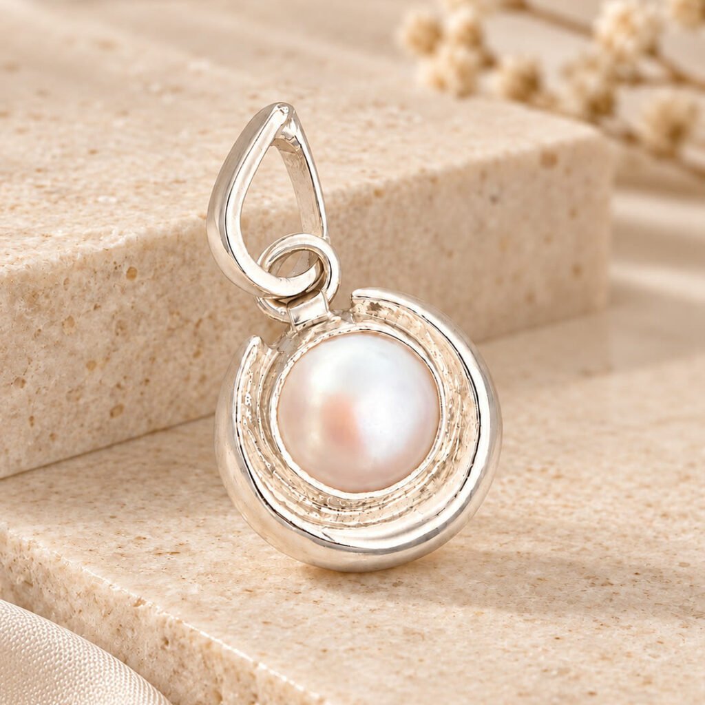Silver Moti Crescent-Frame Pendant
